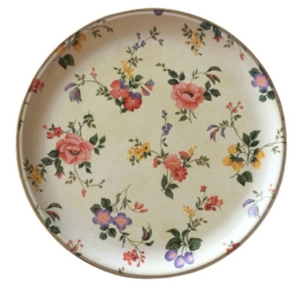 VINTAGE Serving Plate Accent Tray Round Pastel Flowers Gold Tone Trim GUC - Picture 1 of 11
